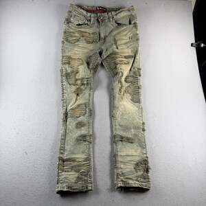 Makobi Jeans Mens 34x32 Olive Green Acid Wash Distressed Ripped Moto Biker Denim